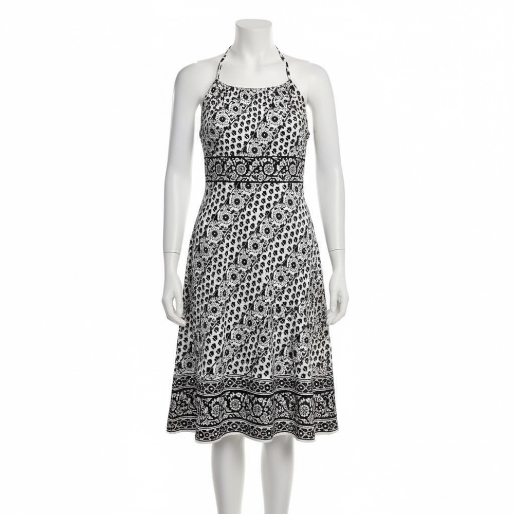 LOFT Black and White Patterned Midi Dress lined tie neck